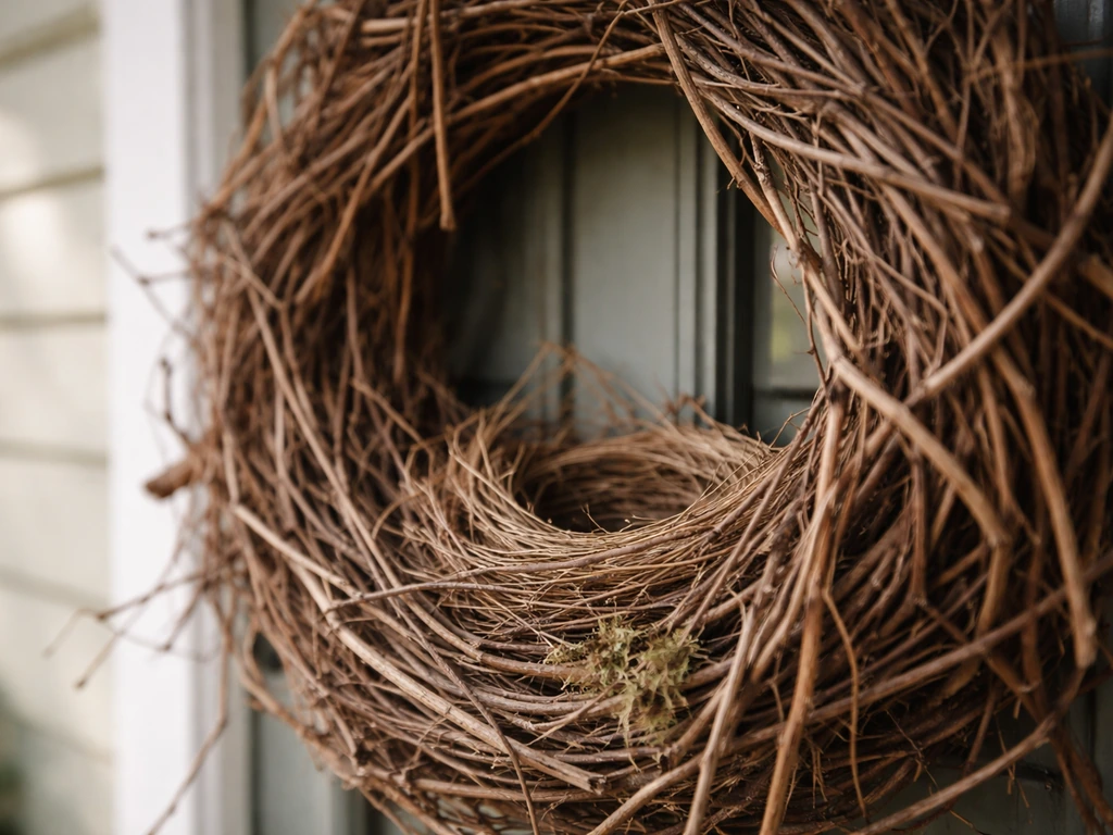 Close-up of a twig door wreath with a small bird nest tucked into the vines