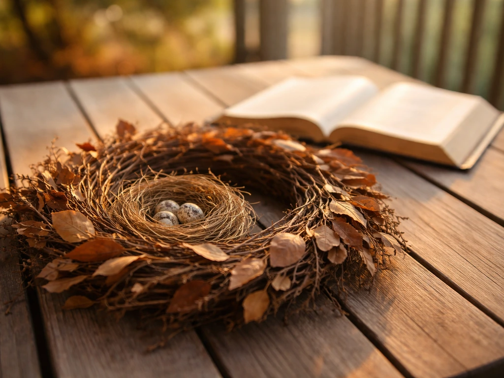 Outdoor twig wreath with a visible bird nest beside an open Bible on a wooden porch table.