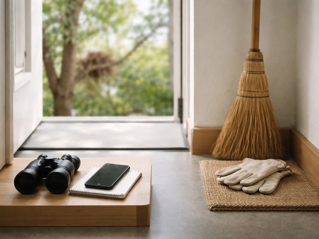 Home doorway with a phone and notepad for observing, and gloves and broom set aside to avoid disturbing.