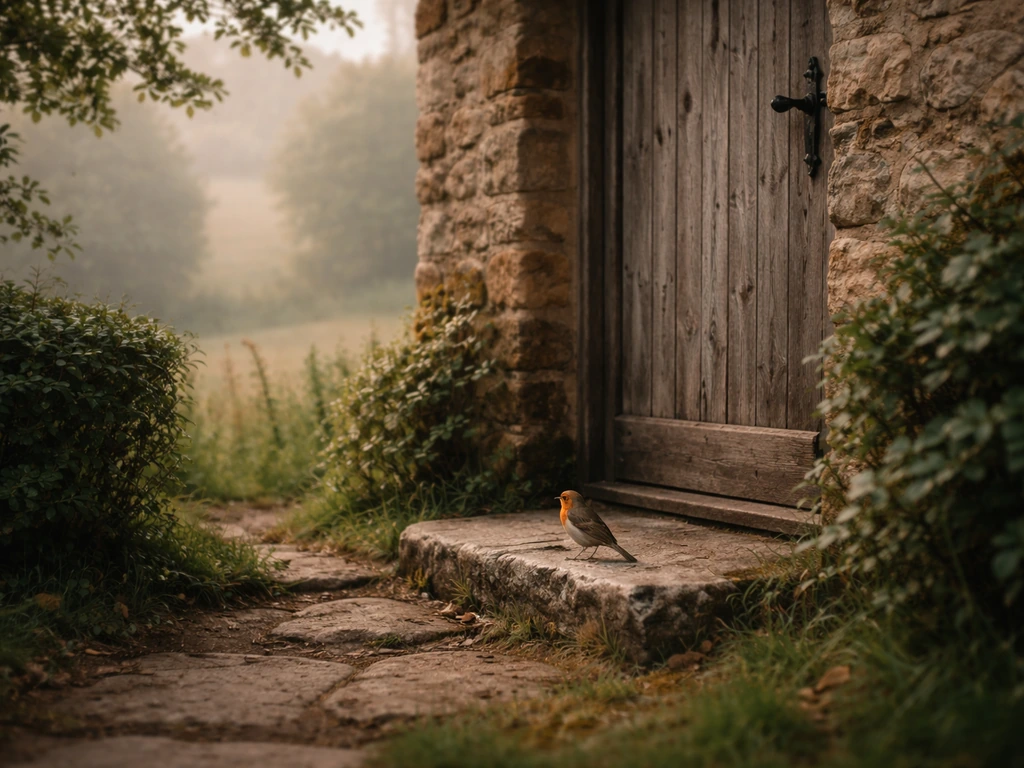 Small bird perched on a rural stone cottage doorway beside a hedgerow, misty countryside behind