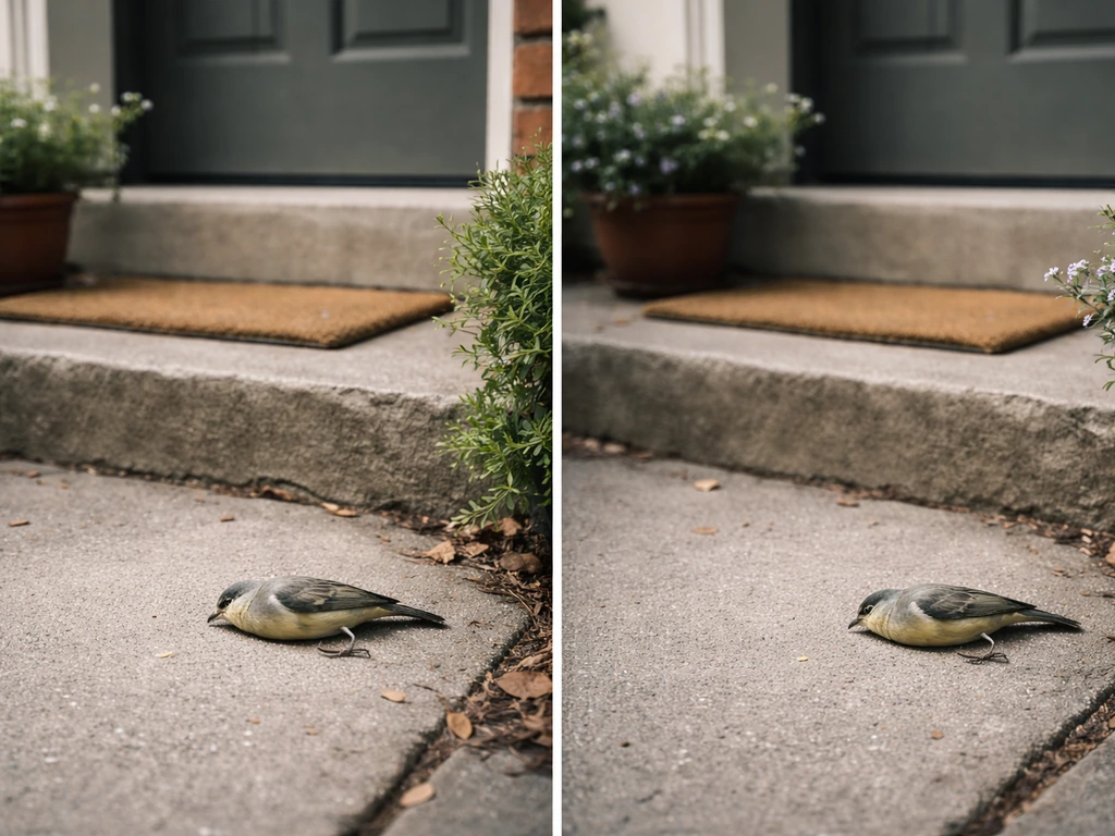 Small dead bird on a quiet doorstep, photographed in soft natural light with minimal composition.