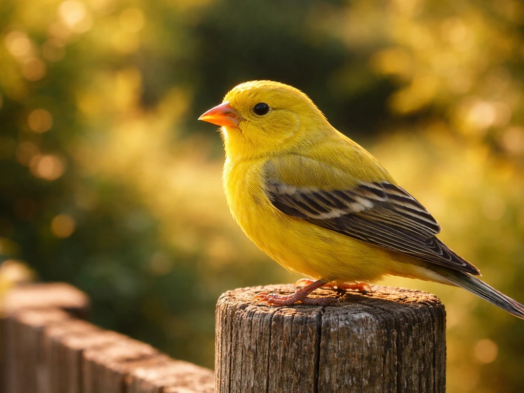 Bright yellow bird perched on a wooden fence post with warm sunlight and soft bokeh background.