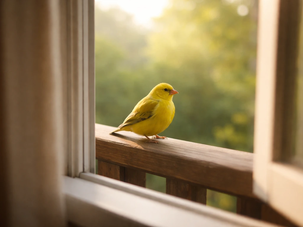 A bright yellow bird perched on a porch railing in warm natural light by a window