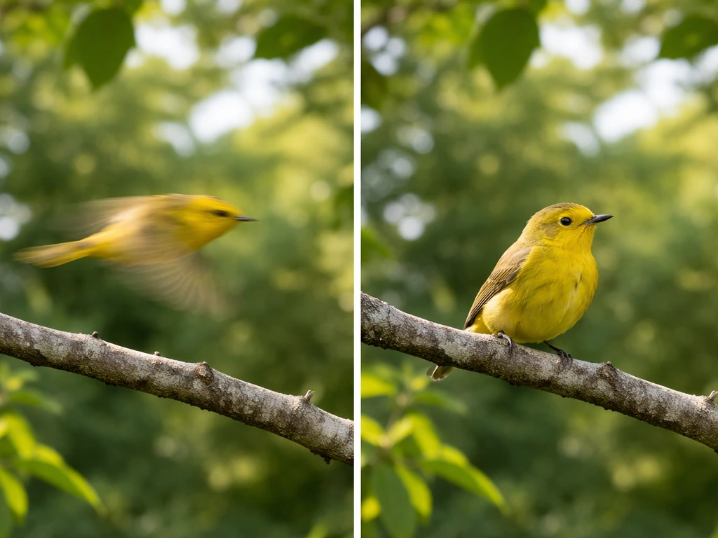 Yellow bird briefly flies past, with a second frame showing it lingering on a branch