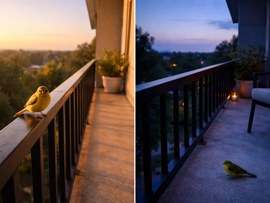 Split sunrise and twilight balcony scene with a yellow bird landing close by in both halves.