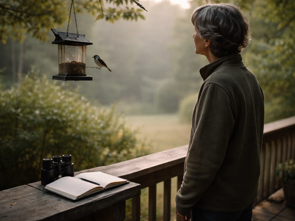 Person calmly observes a bird from a safe distance with binoculars and a notebook nearby.