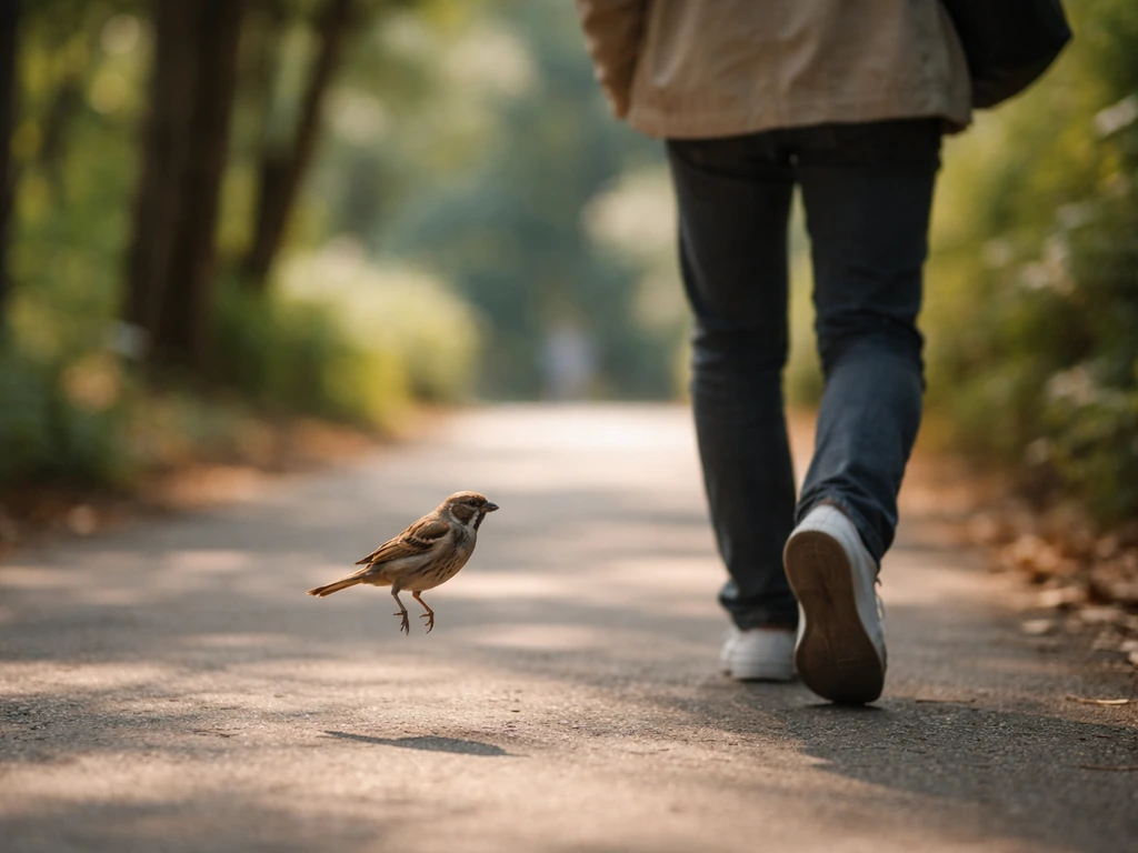 A single bird follows a person along a quiet outdoor sidewalk/path in daylight, cinematic and natural.