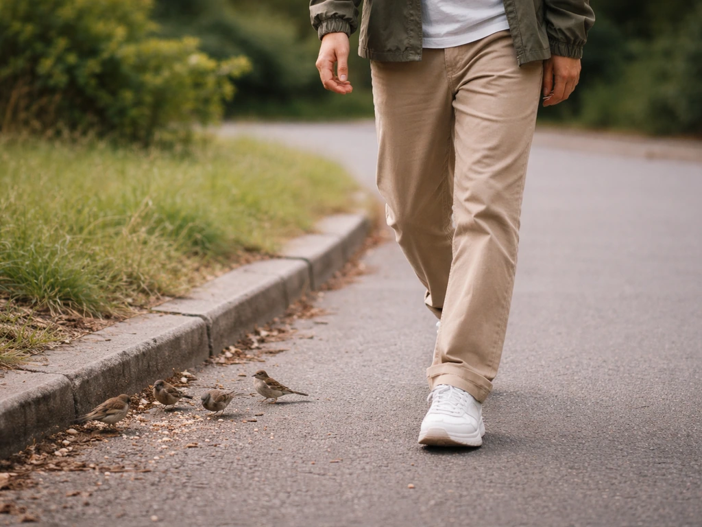 Person walking on a sidewalk as small ground-feeding birds hop nearby