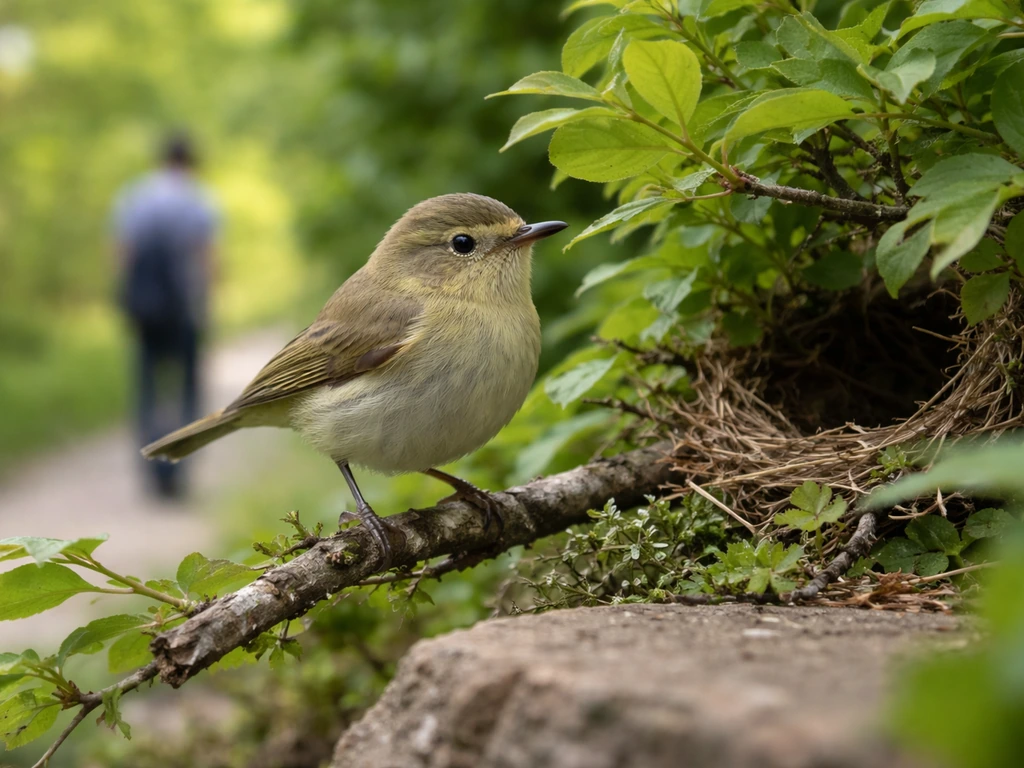 A small bird perched near a leafy shrub, alertly watching from close by during spring nesting season.