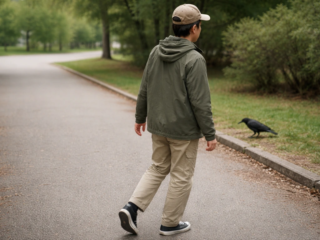 Person calmly stepping back and turning away from a bird in a quiet outdoor walkway