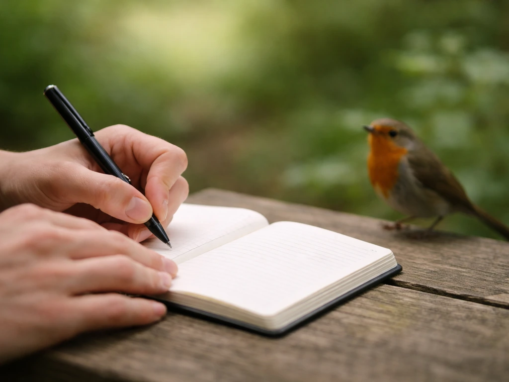 Anonymous hands jot down notes in an outdoor notebook with a nearby bird perched nearby.