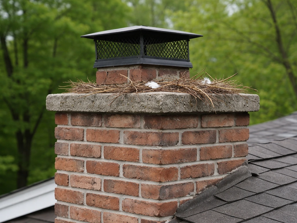 Brick chimney with twigs and nesting material on the rim, with a nearby tree line in the background.