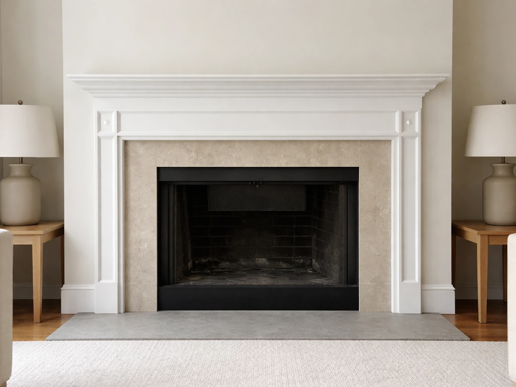 Daylight photo of a closed fireplace damper with no flames and lights kept off in a quiet room.