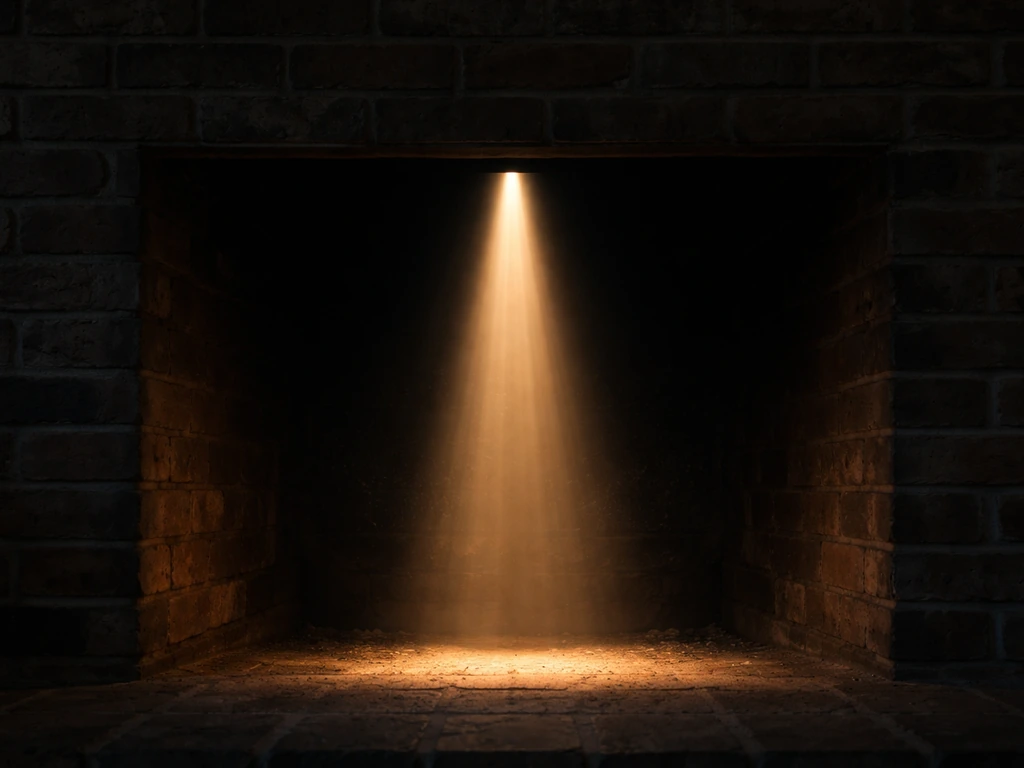 Warm light aimed from a fireplace opening toward a dark flue, suggesting a bird can climb out
