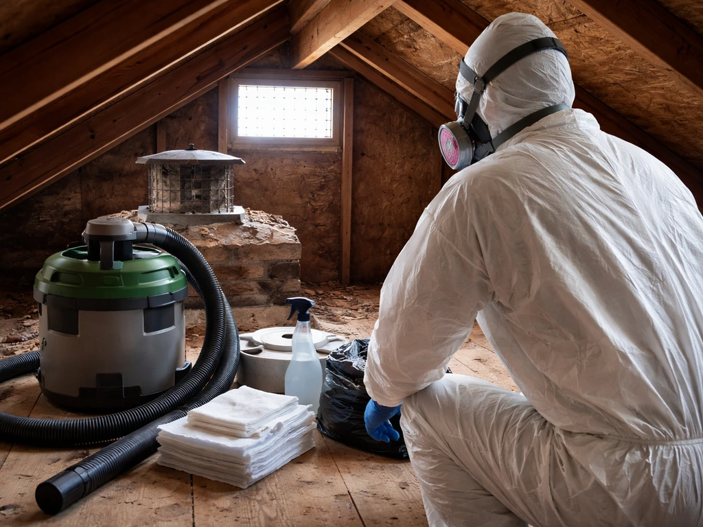Worker in clean PPE suits up beside a HEPA vacuum and wet-cleaning supplies in an attic
