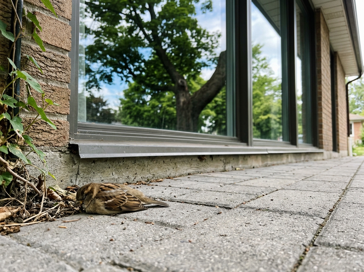 Dead bird placed near a front window reflection on a driveway