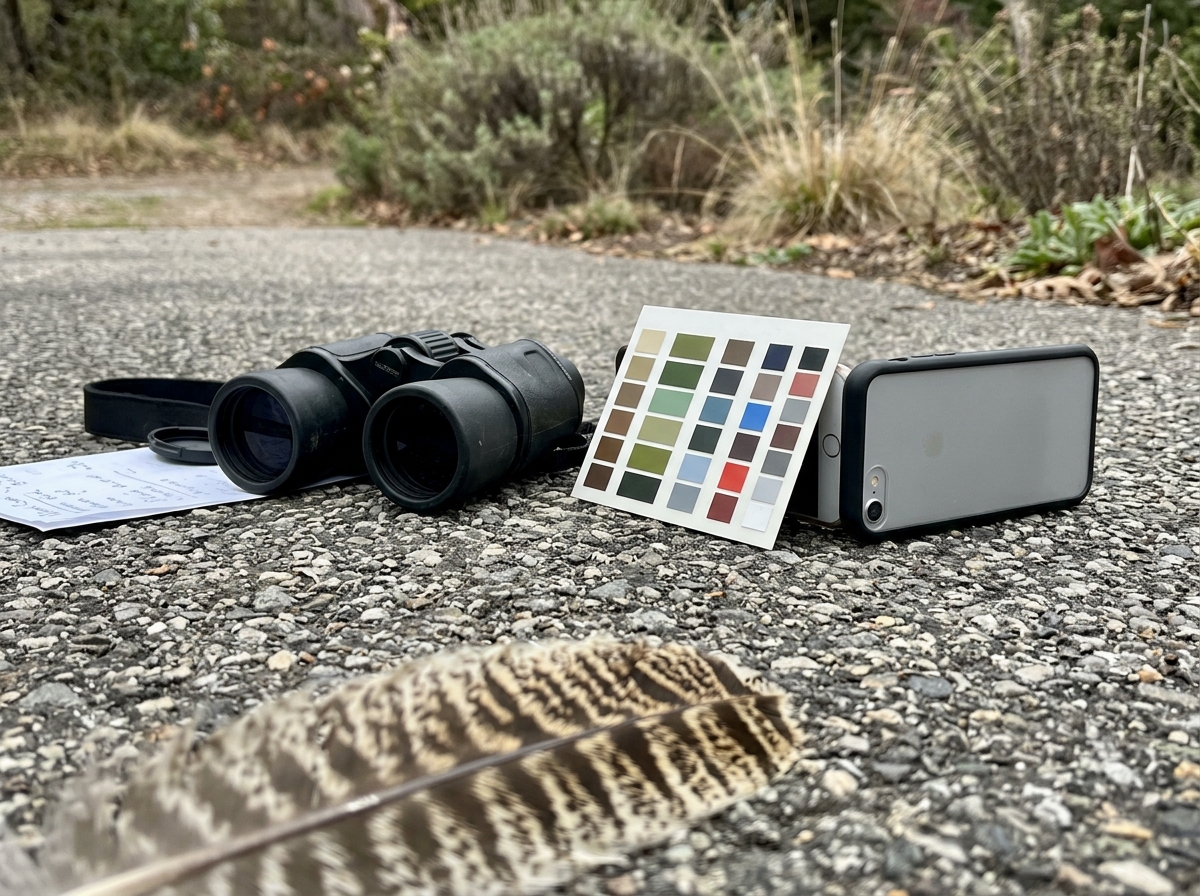 Binoculars and color-focused observation setup near a driveway bird