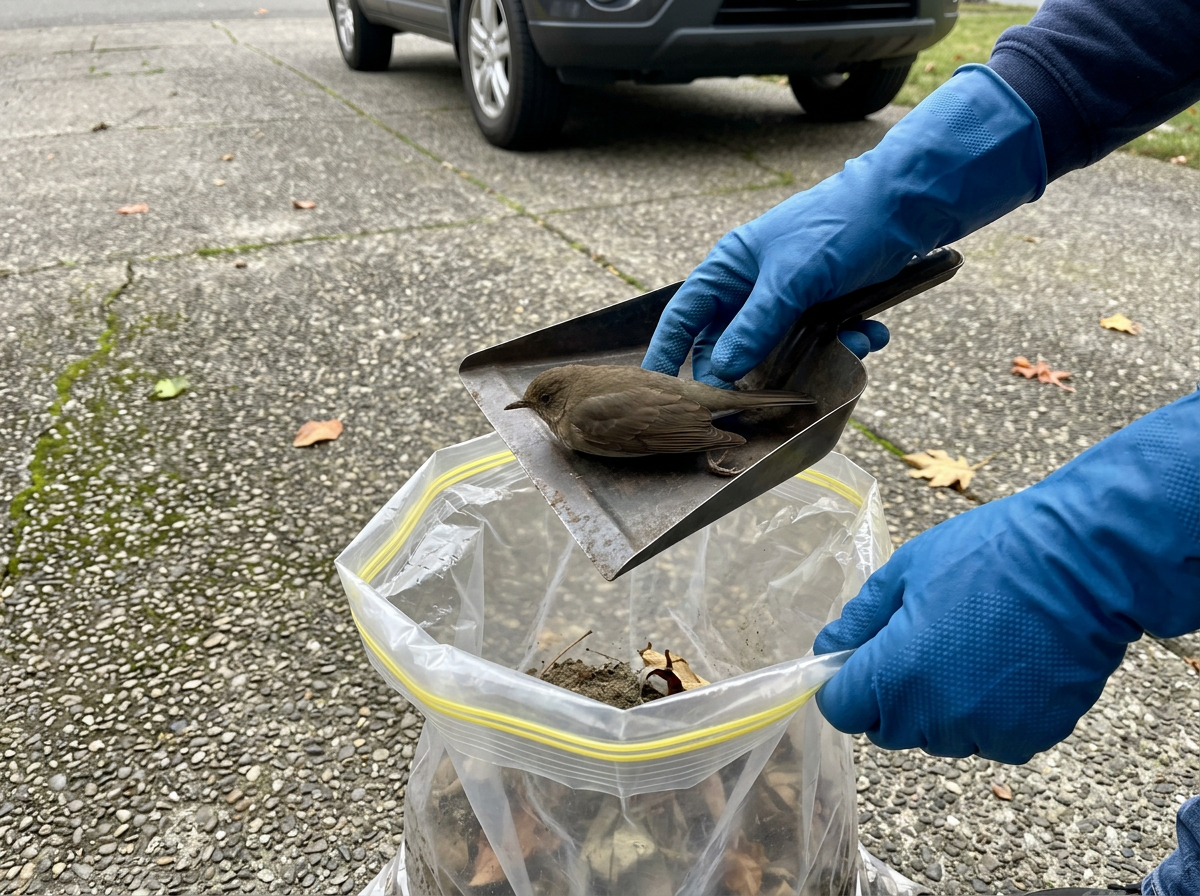 Disposable gloves using a dustpan to place dead bird into a bag