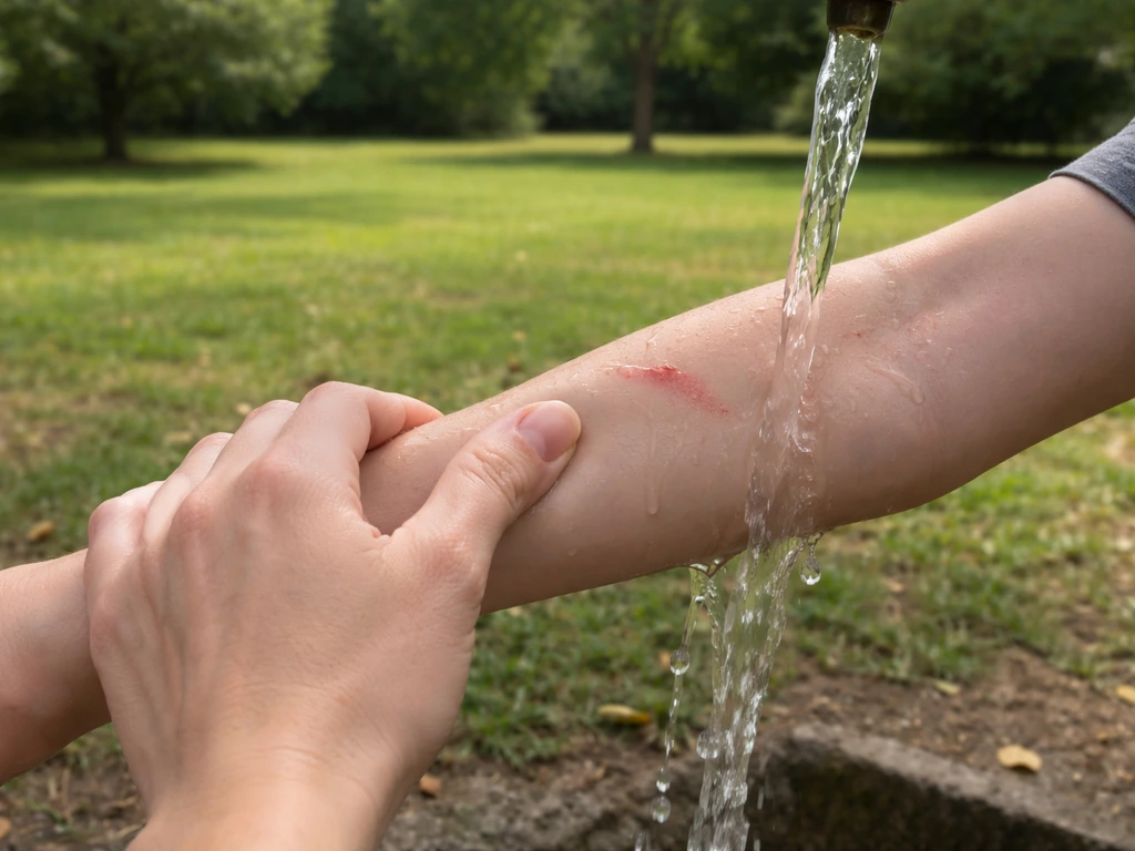 Person rinsing a minor forearm scratch with running water while calmly stepping back in a quiet park.
