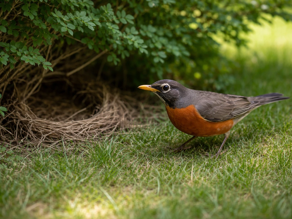 An alert bird perched near a hidden nest, protective stance as it watches the area.