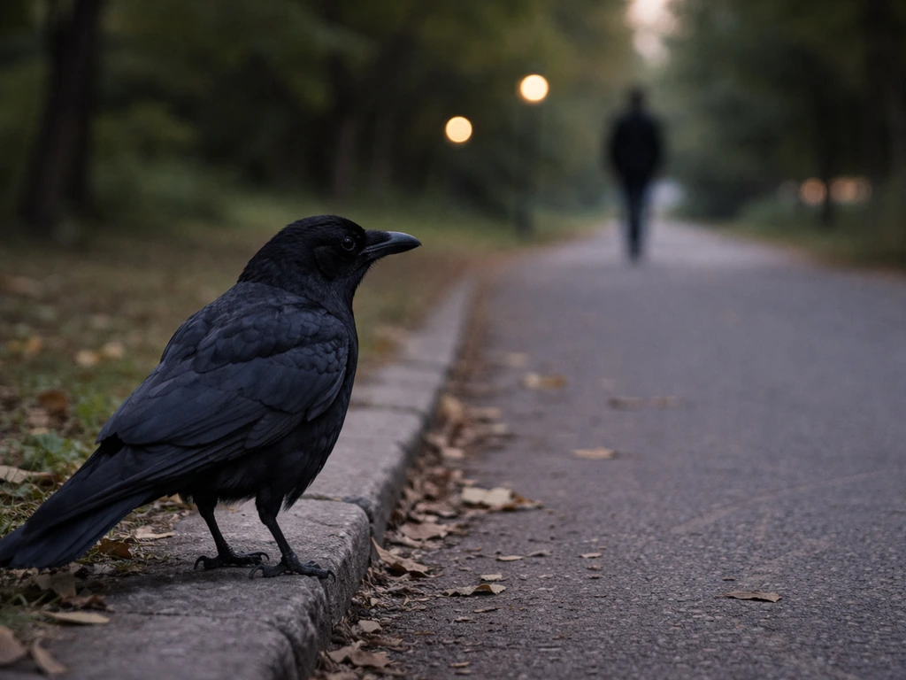 A sharp crow on a park path watches a distant, faceless human silhouette in soft focus.