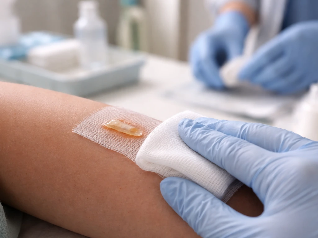 Close-up of cleaned minor wound care on skin with a clinician nearby and first-aid context for medical guidance.