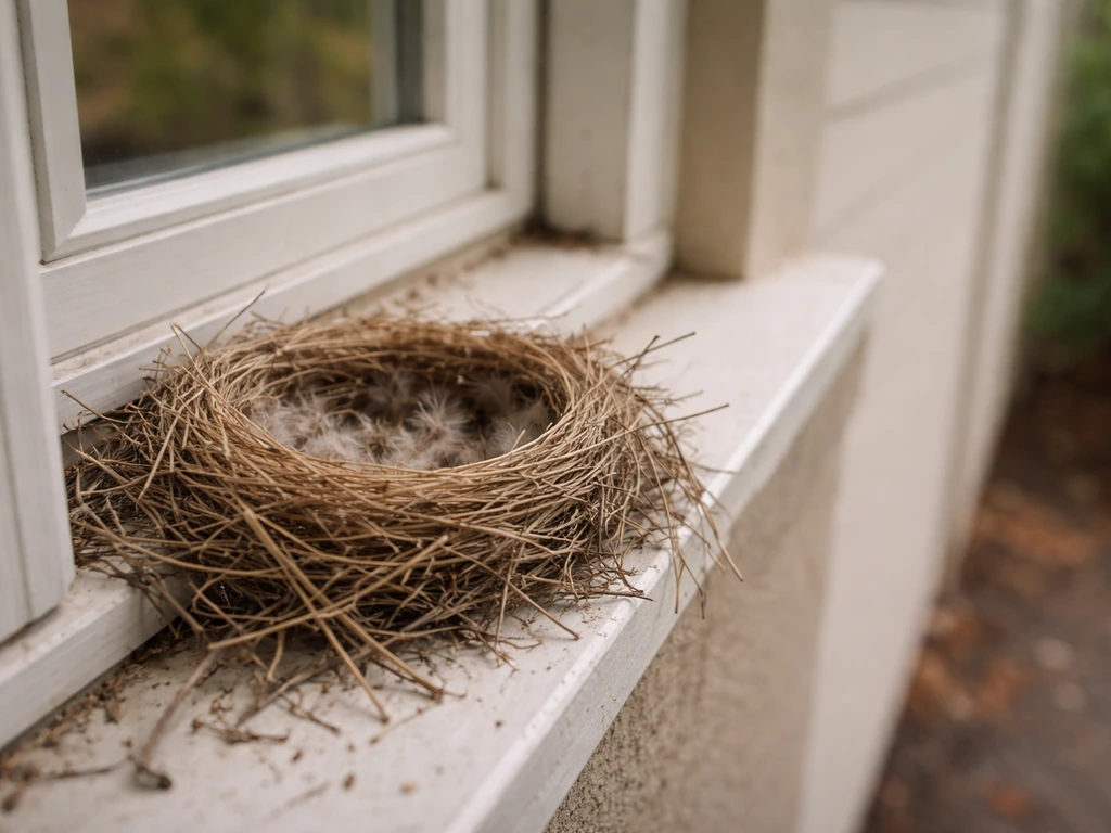 A bird nest tucked just outside a home window on a porch ledge.