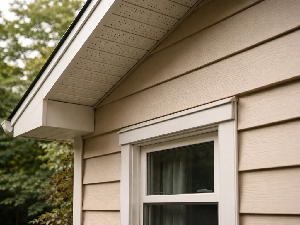 Close-up of a house eave and window nook showing a sheltered rain-shadow nesting area for birds.