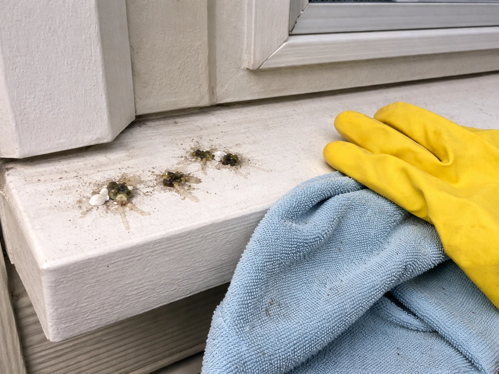 Close-up of bird droppings on a window sill with a gloved cleaner and cloth nearby.