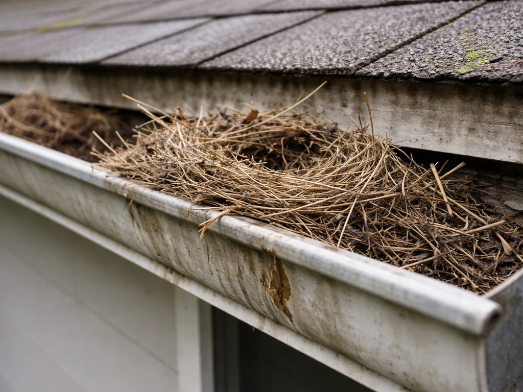 Bird nest wedged in a roof rain gutter with damp staining suggesting possible water damage.