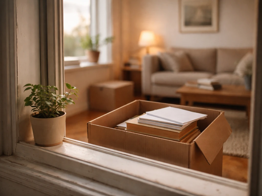 View through a window into a calm room with moving boxes, books, and study papers in natural light.