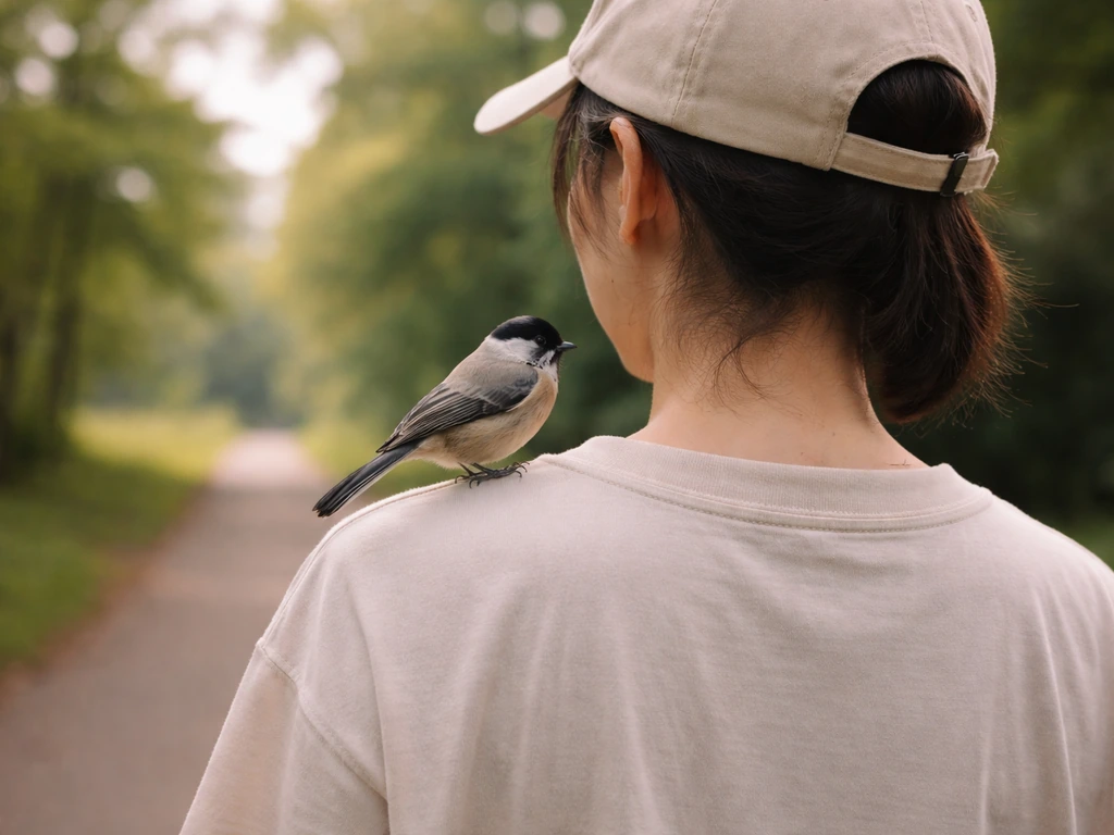 A small bird lands gently on a person’s shoulder outdoors in soft natural light.