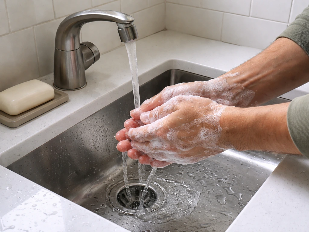 Anonymous hands washing with soap under a bathroom sink faucet, showing immediate hygiene care.