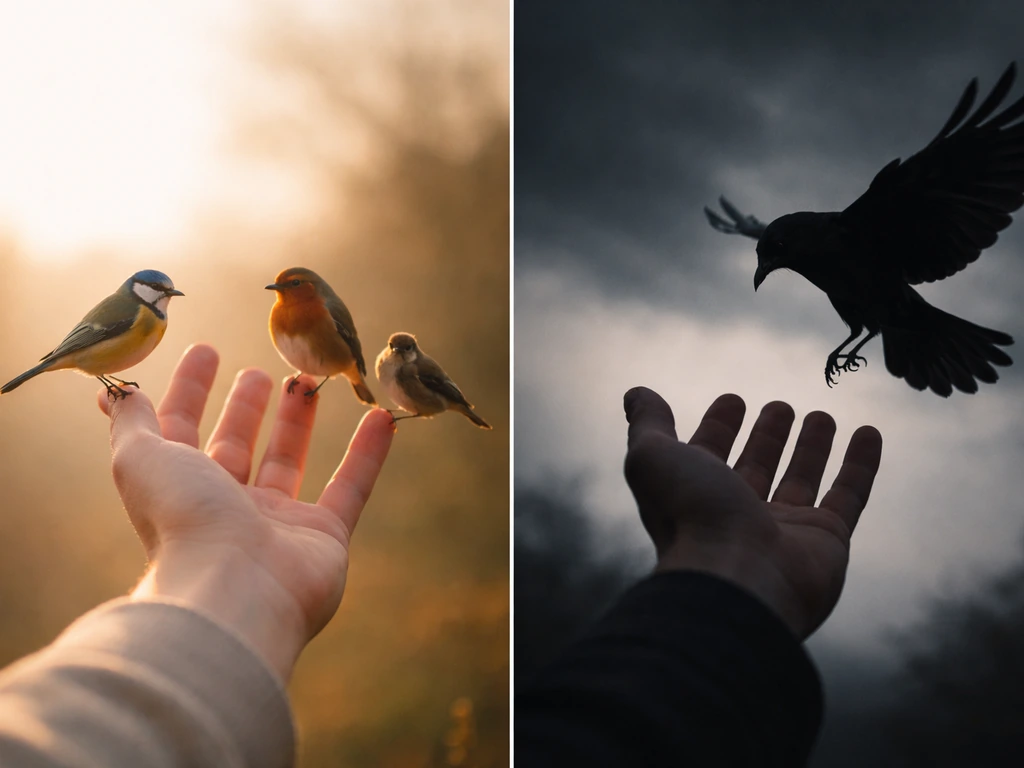 Sunlit hand with small birds on one side and a dark crow silhouette near the hand on the other.