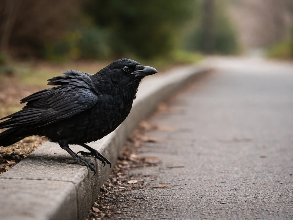 A dark crow startles near a quiet walkway, with a sudden, cautionary mood in natural light.