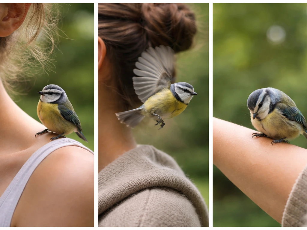 Three small scenes showing different bird contact: perch on shoulder, near-head strike, and preening on arm.