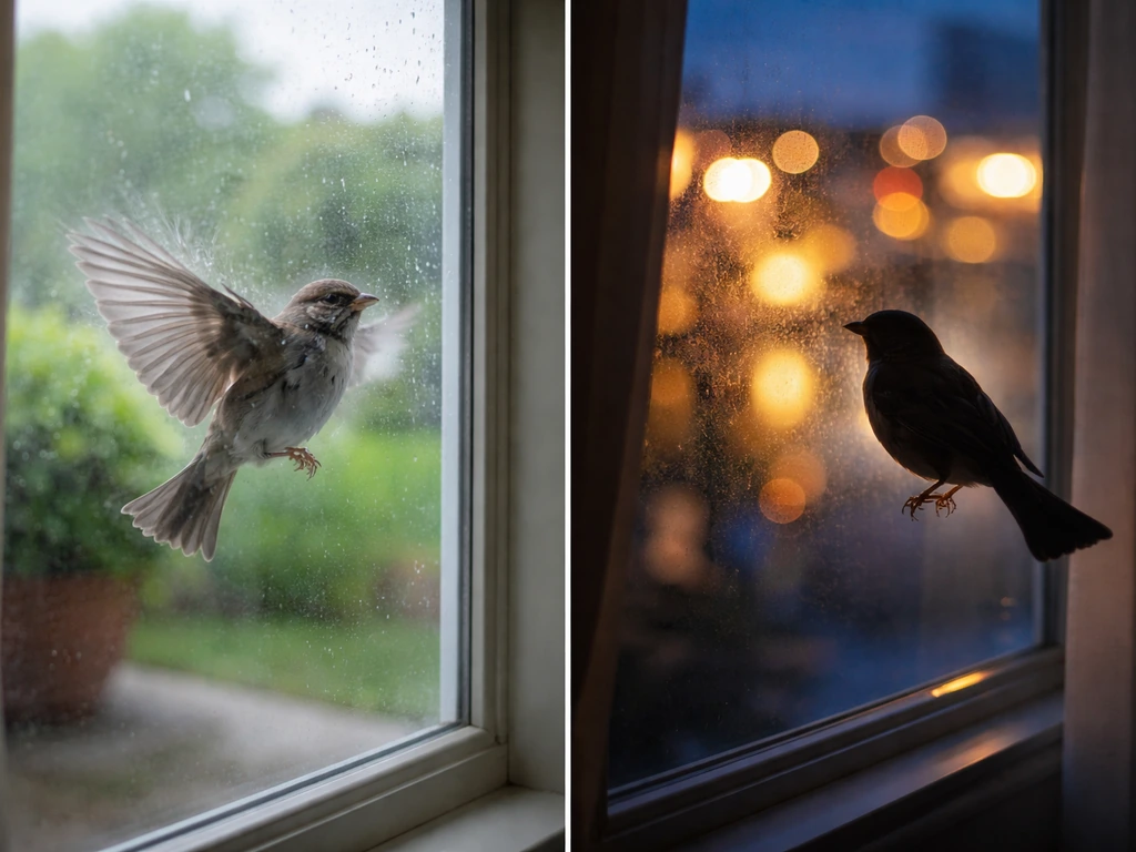 A bird striking a window contrasted with a bird silhouette against reflected city lights in glass.