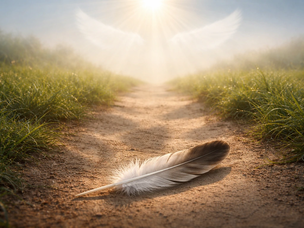 Collage of a feather on a natural path, a dove-like wing motif, and a soft sunlit sky background