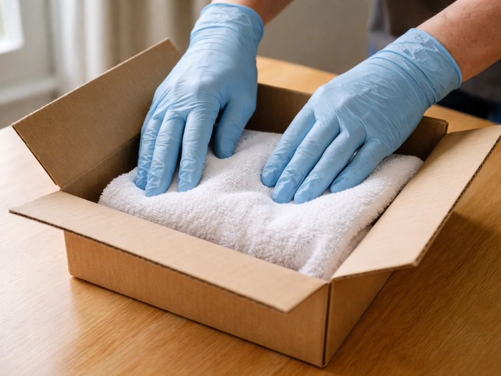 Gloved hands preparing a small box with a towel to protect an injured bird safely