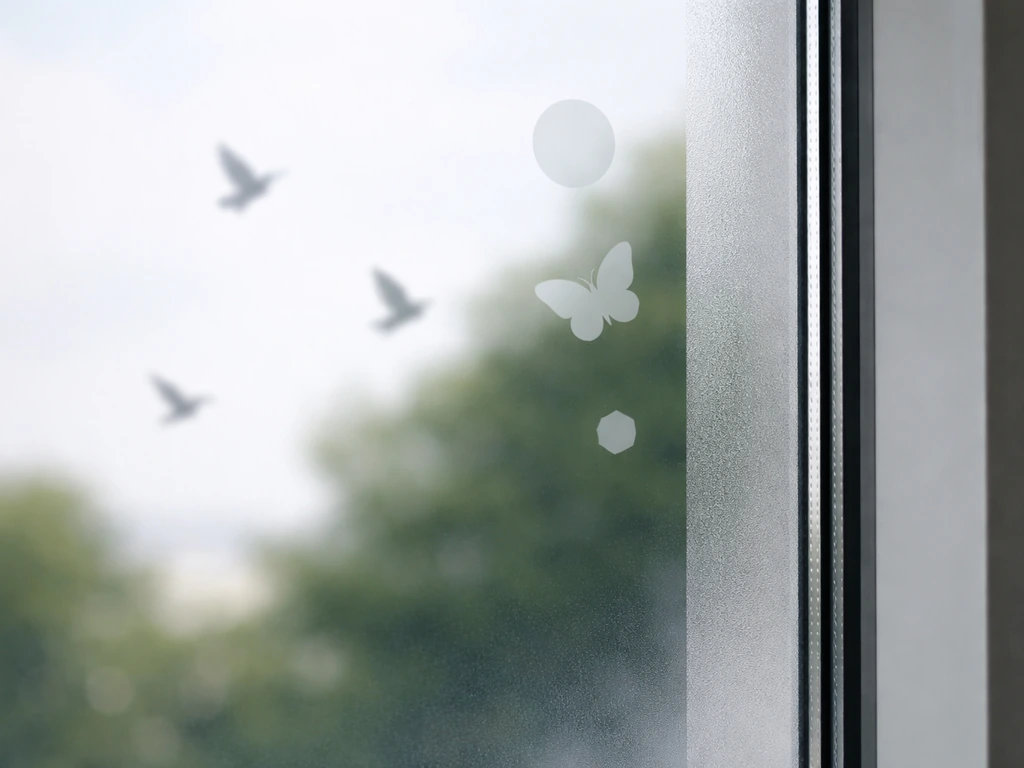 Frosted/UV-reflective film on a window pane with a few birds visible outside to show prevention.
