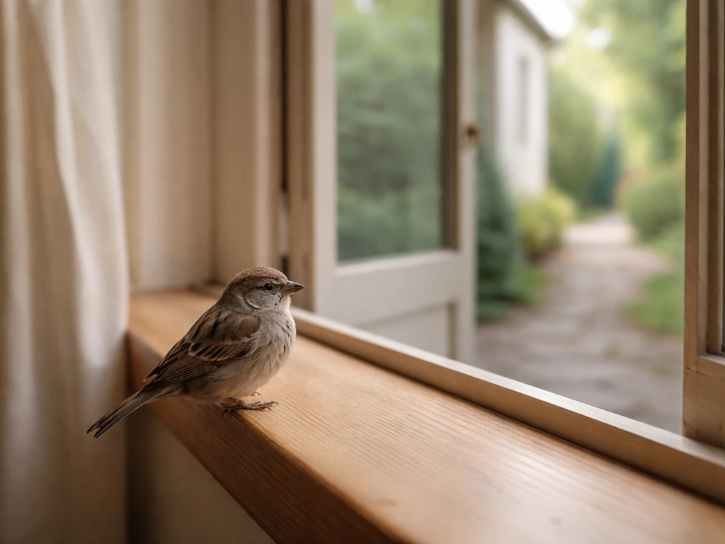 A small bird perched on an indoor windowsill with an open exit visible beyond the window.