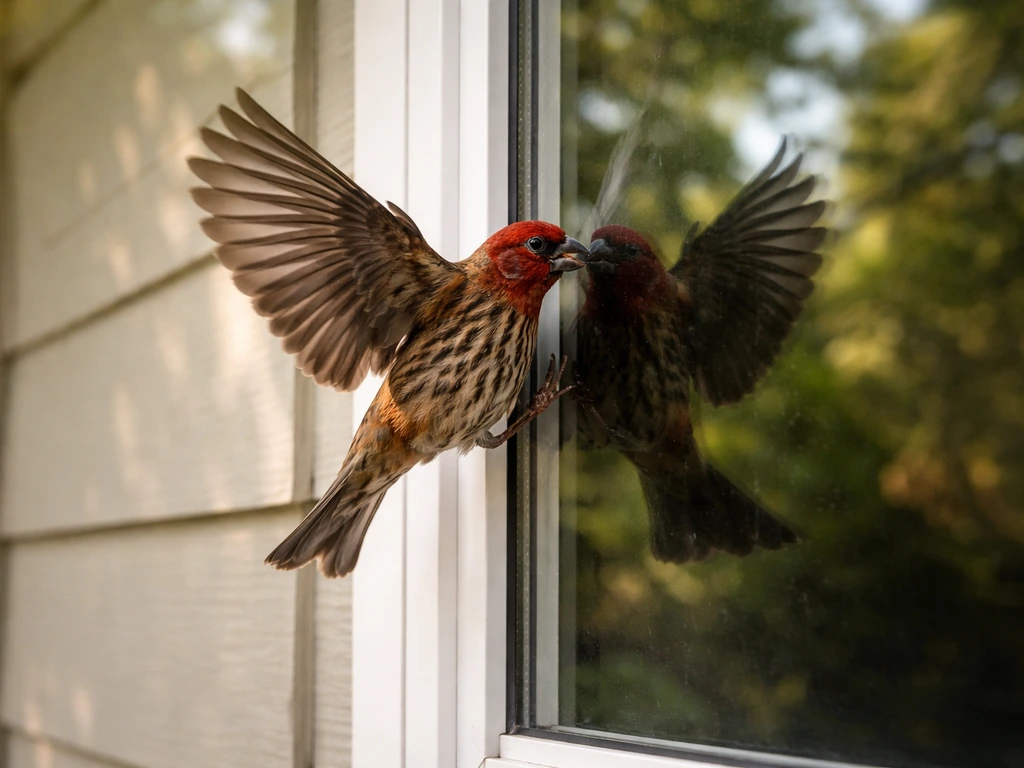 Small bird hitting its reflection on a reflective home window, with tree glare in the glass.