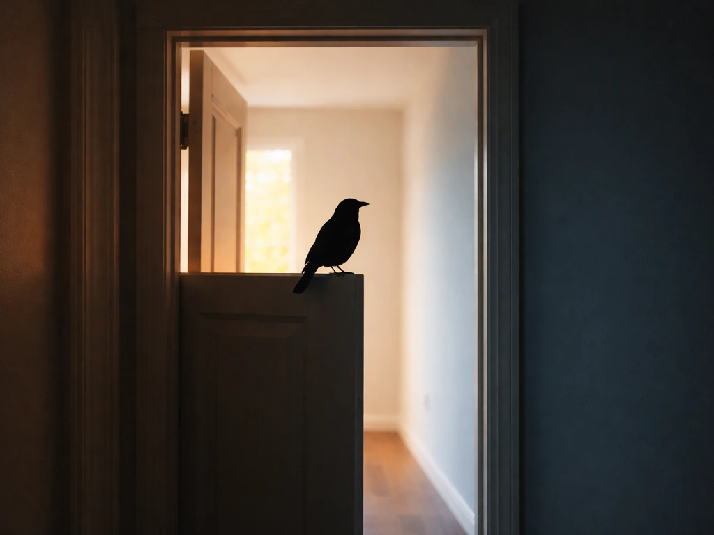 Dark bird silhouette near an open indoor doorway with a subtle warm-to-cool light split mood.