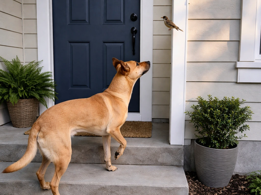 Alert dog on a front porch intensely watching a small bird perched near the entry door.
