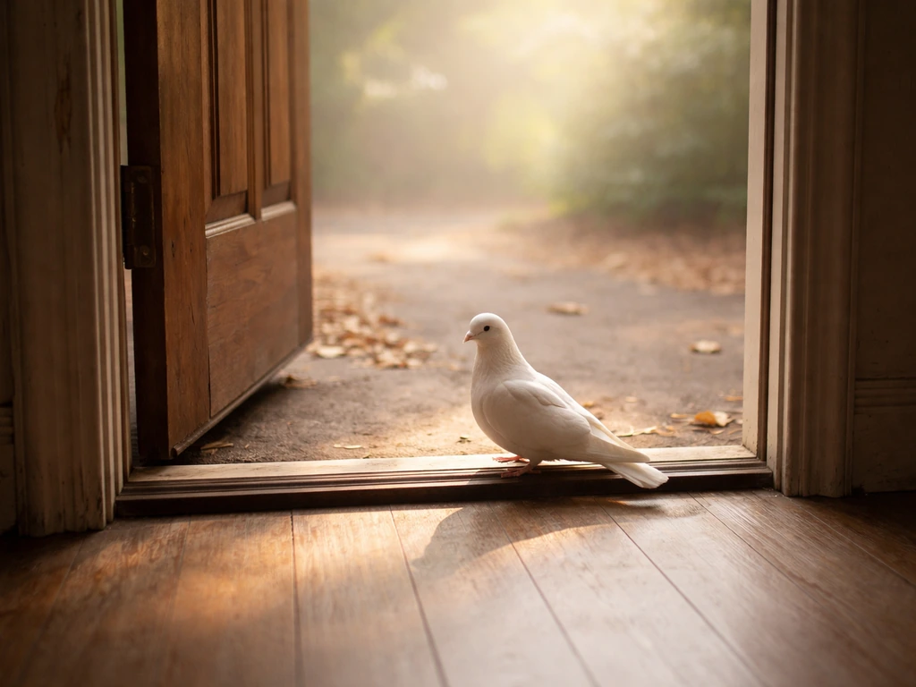A small white dove perched at an open doorway in soft morning light, symbolizing hope and new beginnings.