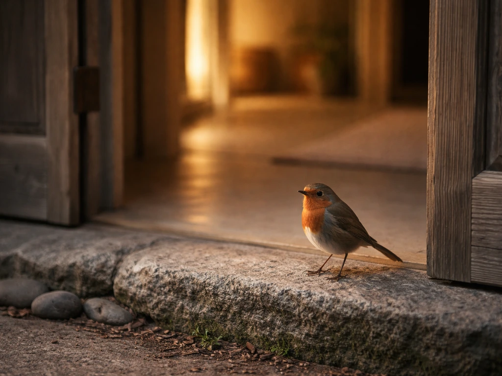 A calm bird perched near an open doorway, suggesting a spiritual threshold moment.