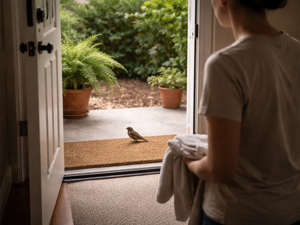 Anonymous caregiver safely observing a small bird near an open front door with a towel ready.