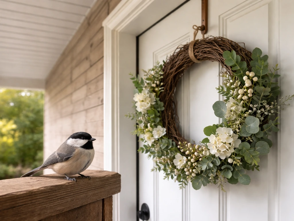 Small bird perched beside a front door wreath under a sheltered entry overhang with soft daylight.