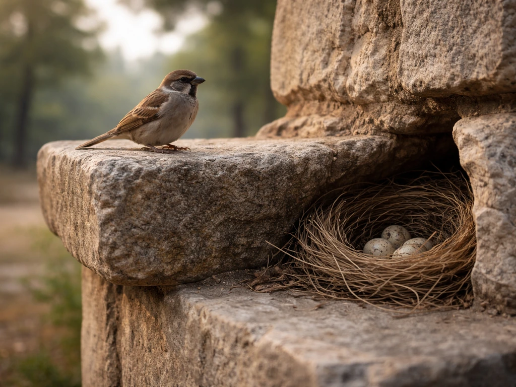 A small bird perched on a simple stone altar with a nest nearby, symbolizing divine care and provision.