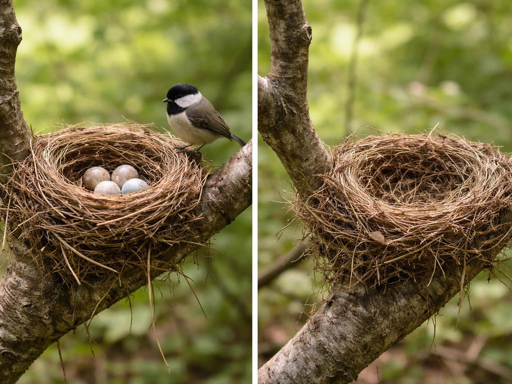Split scene showing an active bird nest with eggs and a nearby bird, next to an abandoned nest with empty lining.